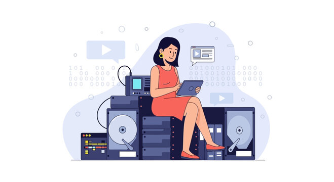 Woman working with data and technology, vector illustration