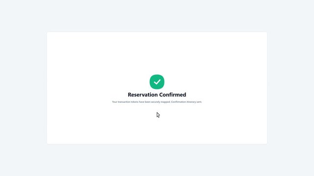 Minimalist flight booking user interface simulation showing airport selection and successful reservation confirmation