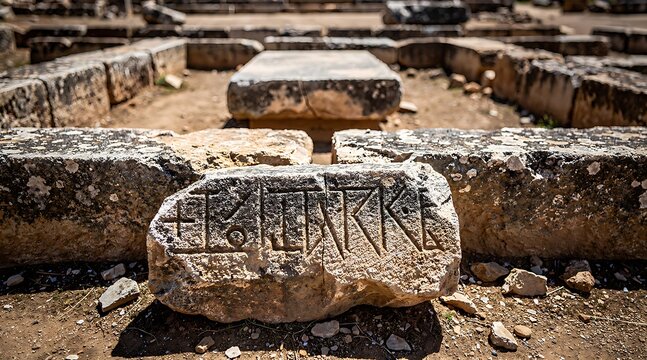 Ancient Greek stone inscription at the archaeological site of Phaistos in Crete.