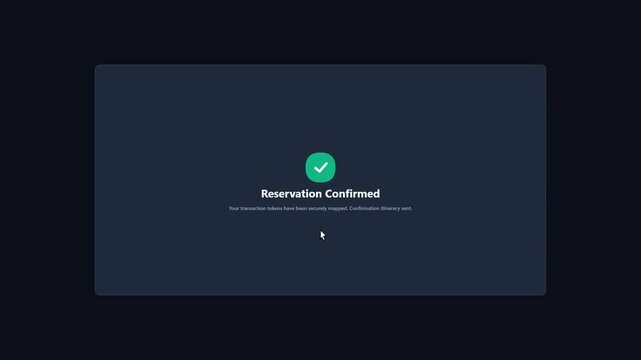 Dark themed luxury hotel booking user interface displaying an online reservation confirmed message