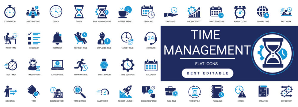 time management solid icon set. productivity, planning, schedule, deadline, optimization, strategy, efficiency, organization. editable glyph vector illustration.