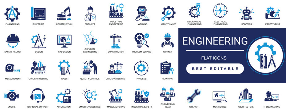 engineering icon set. blueprint, manufacturing, development, industrial, tech, construction, architecture, machinery, design, project, innovation. editable solid glyph vector illustration.