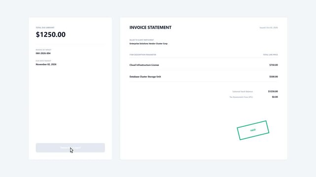 Light theme cloud infrastructure billing statement animation showing payment execution with paid stamp