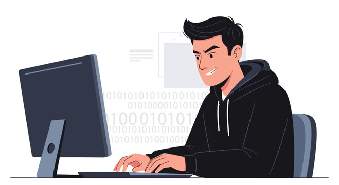 Young man programmer in hoodie working on computer with binary code and interface elements in the background - vector illustration