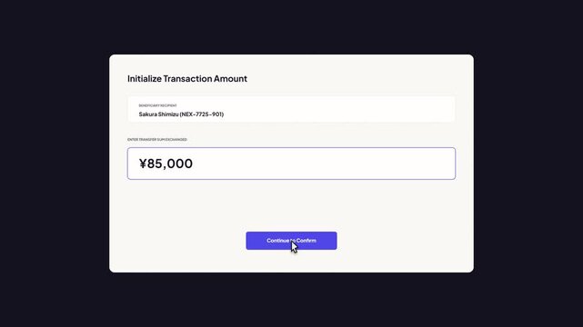 Light theme financial banking portal animation showing login step to successful transaction clearance