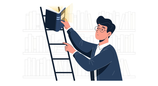 Young Man Reaching for Book on Ladder in Library