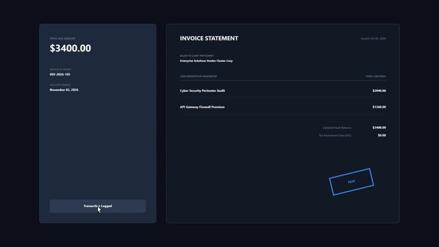 Dark mode invoice statement animation calculating total due amount and stamping paid graphic