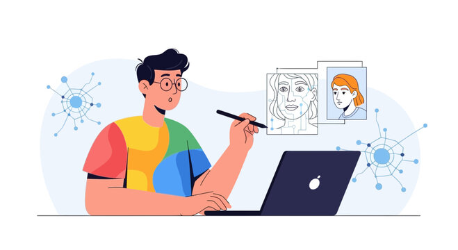 Young man using digital tablet and laptop for graphic design, character illustration, and AI facial recognition technology