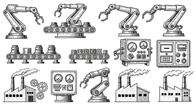 Vintage style industrial factory and robot arm icon set