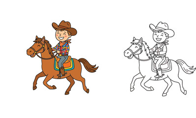 Cute little cartoon cowboy boy riding a horse, color and black and white outline version for children's coloring book illustration