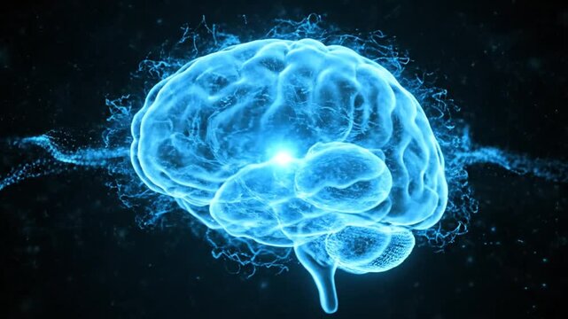 Digital human brain neural network visualization with glowing synapses