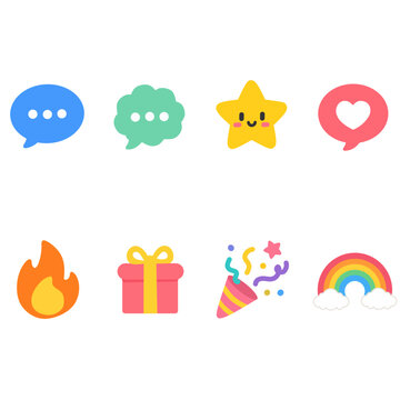 Colorful social media icons including chat bubbles star gift fire party pop rainbow