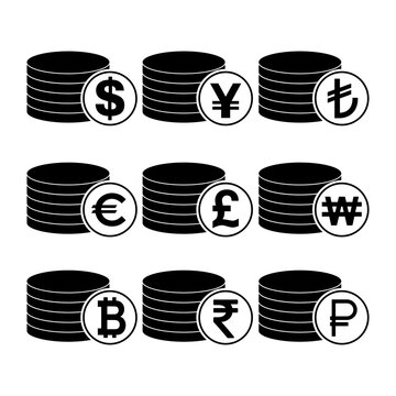 Set of Dollar euro rouble won yuan pound stack coin, flat icon money design .