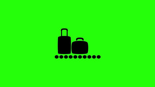 4K horizontal layout featuring a travel luggage suitcase on a baggage claim conveyor belt silhouette bouncing. Tactical airport arrival layout popup icon.