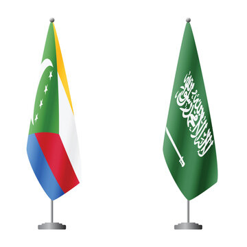 Comoros and Saudi Arabia flags on flagpoles for official ceremonies and meetings, transparent background vector