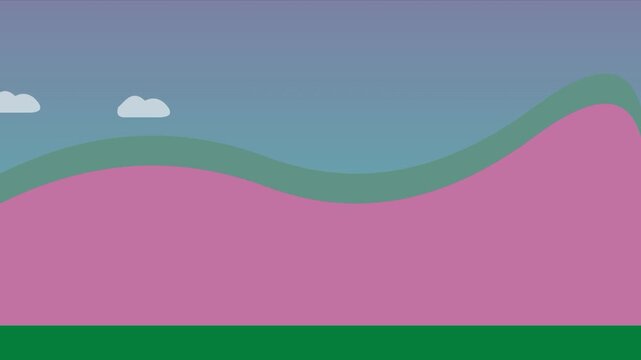 Abstract landscape with rolling hills and sun setting in purple sky, motion graphic background.