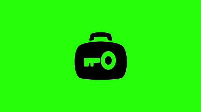 Dynamic 4K resolution asset showing a travel briefcase suitcase with a security key lock silhouette bouncing. Playful popup luggage protection icon element.