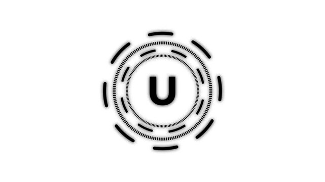 Letter U in a circle sign. Capital letter T on rotating HUD circle. Alphabet letter video on transparent animation background.