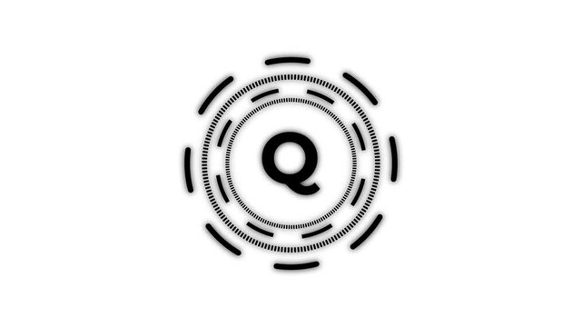 Letter Q in a circle sign. Capital letter T on rotating HUD circle. Alphabet letter video on transparent animation background.