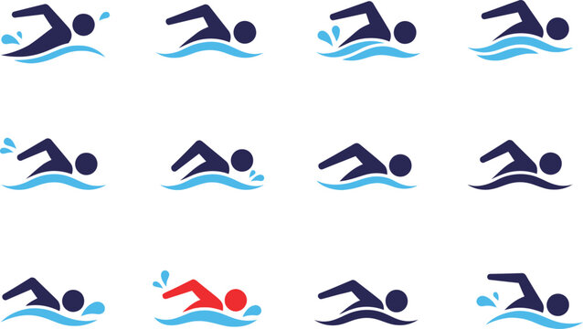 Various swimming with one red swimmer blue white background swimmers