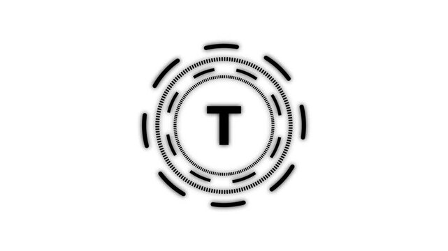 Letter T in a circle sign. Capital letter T on rotating HUD circle. Alphabet letter video on transparent animation background.