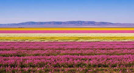 Obraz premium Vibrant Colorful Flower Fields Under a Clear Blue Sky with Distant Mountains.