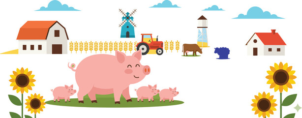 Cute Pig Family Farm Scene with Sunflowers, Barn, Tractor, Windmill, and Piglets for Kids Agriculture Illustration Design © Hafijul