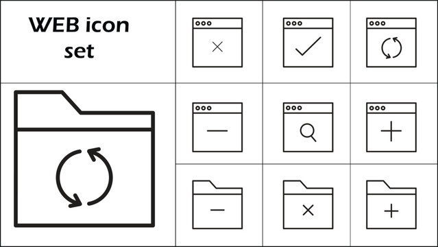 A clean, minimalist outline icon set featuring browser window controls and folder management symbols.Web Icon Set with Folder and Browser Window Symbols for Digital Interfaces