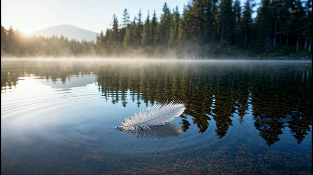 Serene lake with feather floating and misty forest backdrop