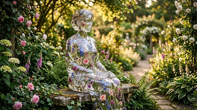 Glass statue woman sitting on bench surrounded by flowers
