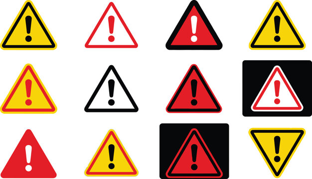 Various warning signs with exclamation marks in different colors and shapes