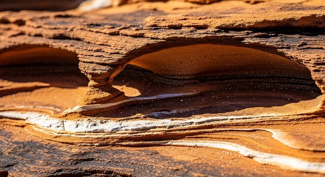 Close up of layered sandstone rock formation in a desert landscape