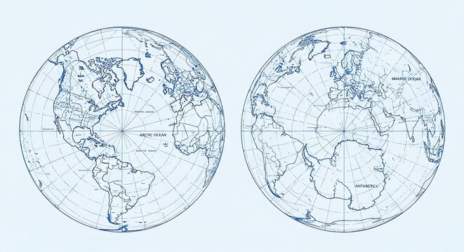 World globes with polar perspectives in blue line art