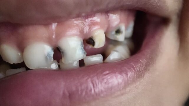 Extreme close up footage of a young child showing severe tooth decay, black cavities, and damaged milk teeth. Perfect for pediatric dentistry, oral health education, dental care hygiene.