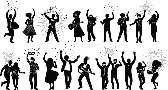Party people dancing silhouettes with musicians, fireworks and music notes celebration characters set isolated festival dance event designParty people dancing silhouettes with musici