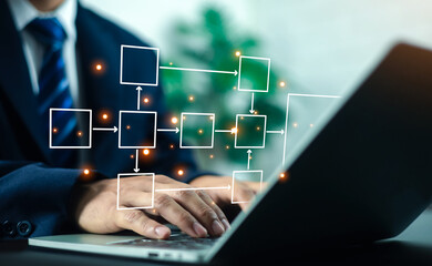 Fototapeta premium Professional businessman using a laptop with a digital flowchart overlay. This conceptual image represents business process management, workflow automation, strategy planning, digital transformation