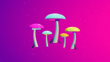Fototapeten Pink Hyper Realistic Bioluminescent Glowing Mushrooms Landscape   © Clever