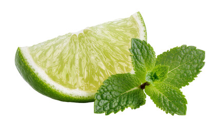 Fresh lime slice with vibrant green mint leaves, isolated on transparent background © Sorin