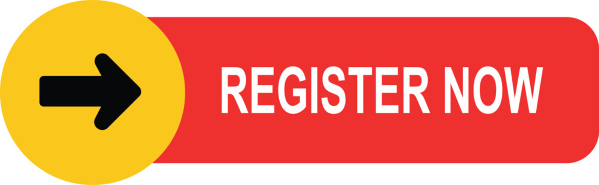 Bright yellow circle with black arrow next to red button labeled register now