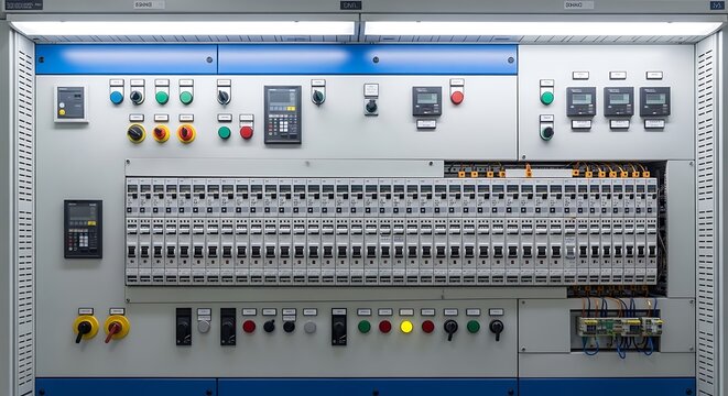 Industrial electrical control panel with circuit breakers and switches
