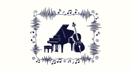Grand piano and cello silhouette with musical notes and sound wave border for classical concerts. © Vectorus