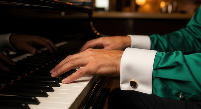 Male hands playing jazz piano on a grand piano keyboard, music performance and elegant evening entertainment in a cocktail lounge.