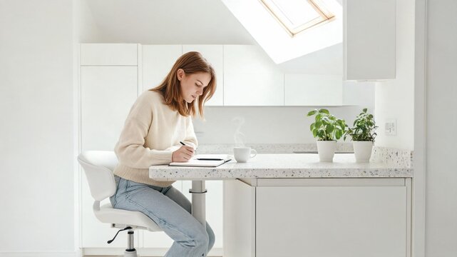 A sunlit kitchen workspace where a remote worker uses a height-adjustable active stool while writing at a terrazzo counter. Soft diffusion and clean, everyday details