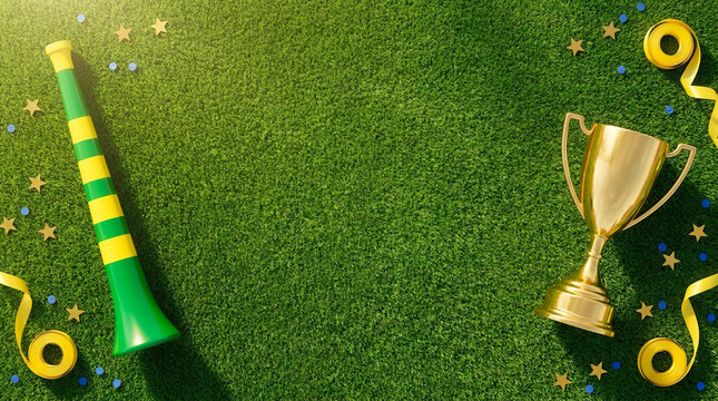 Brazilian football fan horn and golden trophy cup on green grass field, sports celebration and championship victory, copyspace