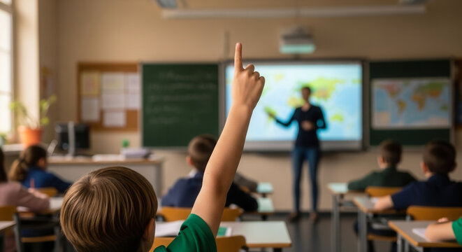 Caucasian pupil raising hand in classroom during school lesson, demonstrating knowledge and active learning
