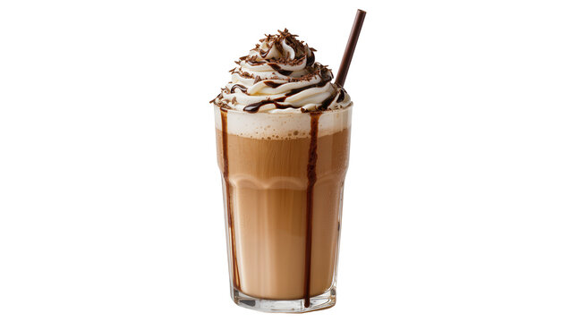 Tall glass of iced mocha with whipped cream chocolate drizzle and shavings, isolated on transparent background