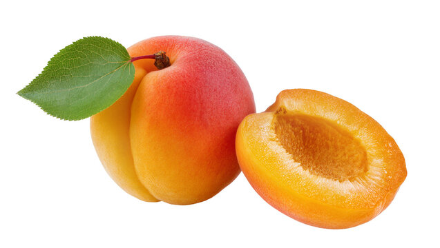 Whole ripe apricot with green leaf and half cut apricot, isolated on transparent background