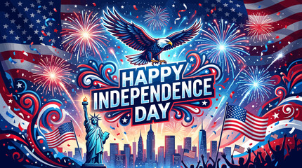 Happy Independence Day USA Celebration: Eagle, Fireworks, Statue of Liberty, NYC Skyline © Sugiono