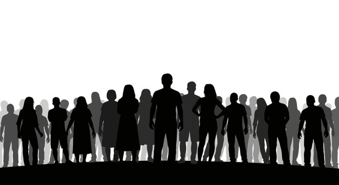 A large crowd of diverse black silhouette people stand together in a flat illustration against a bright white background, representing a collective gathering or community