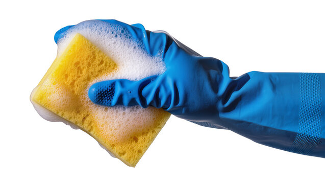 Blue rubber glove holding soapy yellow sponge, isolated on transparent background
